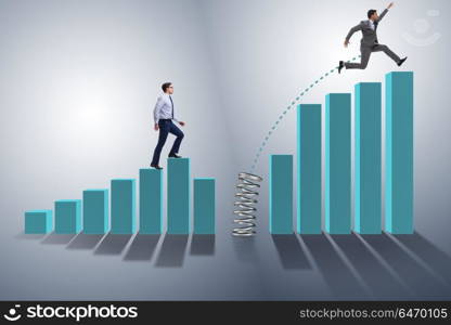 Business people jumping over bar charts