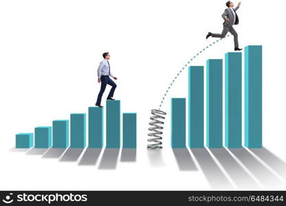 Business people jumping over bar charts