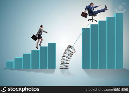 Business people jumping over bar charts