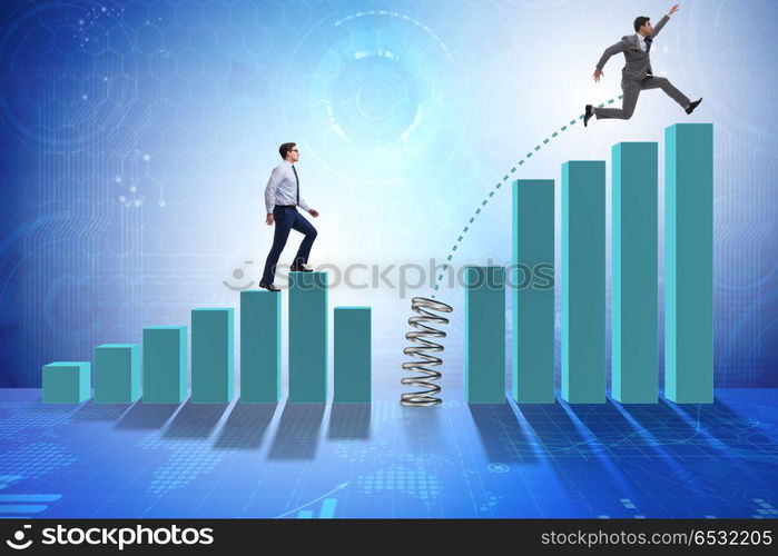 Business people jumping over bar charts