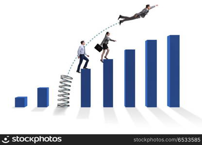 Business people jumping over bar charts