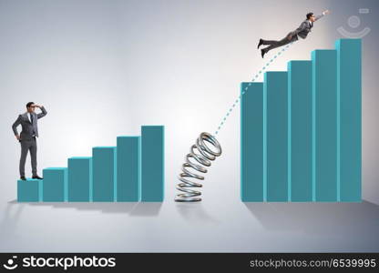 Business people jumping over bar charts