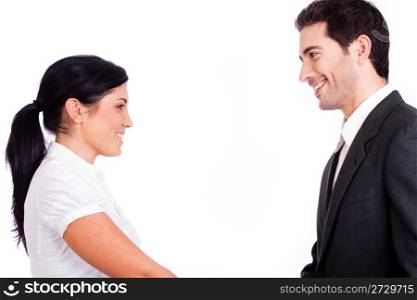 Business people looking each other half length shot on a white isolated background