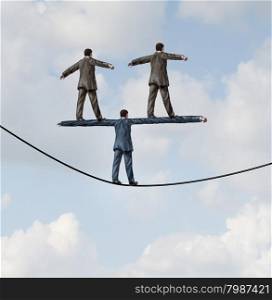 Business people manager concept as a businessman walking on a tight rope with two other businesspeople standing on the shoulders of the leader as a symbol of work support and career guidance.