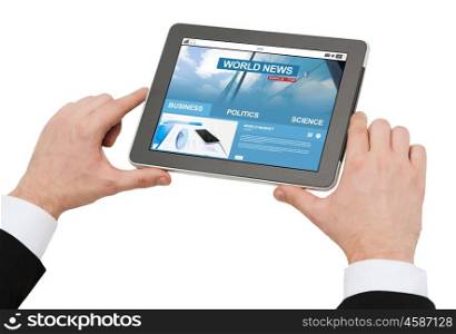 business, people, mass media and technology concept - close up of man hands holding tablet pc computer with internet news on screen