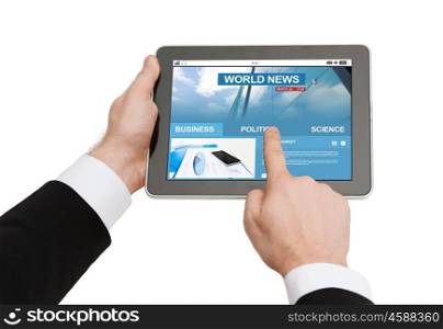 business, people, mass media and technology concept - close up of man hands holding tablet pc computer with internet news on screen