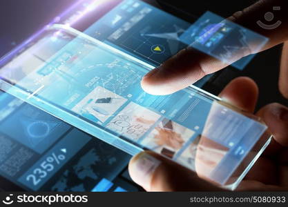 business, people, mass media and technology concept - hands with business web page on smartphone screen over black background. hands with business web page on smartphone screen