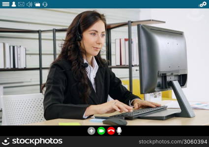 Business people meeting in video conference app on laptop monitor view . Online seminar application presented in cropped view of computer screen . Communication technology for corporate working .