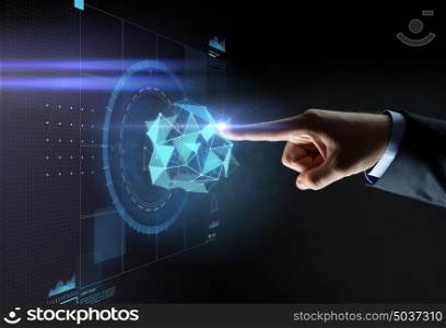 business, people, network and technology concept - close up of businessman hand pointing finger to polygonal virtual projection over black background. male hand pointing finger to virtual projection