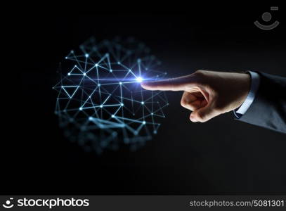 business, people, network and technology concept - close up of businessman hand pointing finger to polygonal virtual projection over black background. male hand pointing finger to virtual projection
