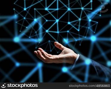 business, people, network, cyberspace and future technology concept - close up of businessman hand with hologram over dark background