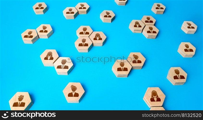 Business people on hexagonal figures. Searching for candidates, hiring new employees for vacancies. Human resources. Personnel management. Communication, organize of work relations of company workers.