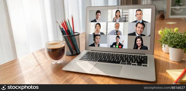 Business people on video conference for modish virtual group meeting of corprate business office workers. Business people on video conference for modish virtual group meeting