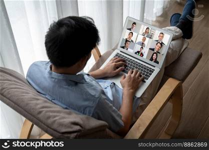 Business people on video conference for modish virtual group meeting of corprate business office workers. Business people on video conference for modish virtual group meeting