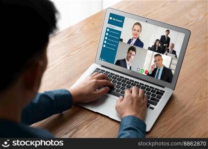 Business people on video conference for modish virtual group meeting of corprate business office workers. Business people on video conference for modish virtual group meeting