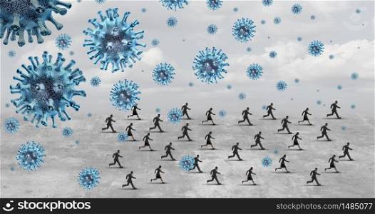 Business people or businesspeople running from the virus as coronavirus or covid-19 with businessmen and businesswomen escaping from disease as a reopening or quarantine concept with 3D illustration elements.