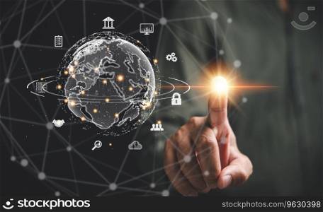 Business people point at smart business technology icons, symbolizing significance of global internet connection and digital marketing. Finance and banking, along with digital link technology big data