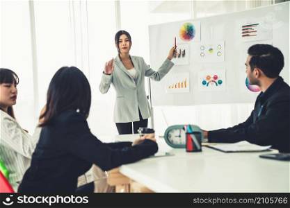 Business people proficiently discuss work project while sitting in circle . Corporate business team collaboration concept .. Business people proficiently discuss work project while sitting in circle