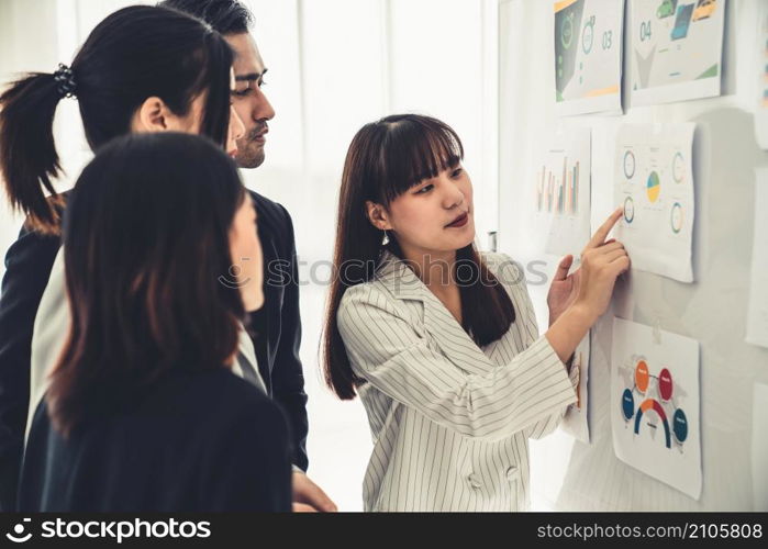 Business people proficiently discuss work project while sitting in circle . Corporate business team collaboration concept .. Business people proficiently discuss work project while sitting in circle