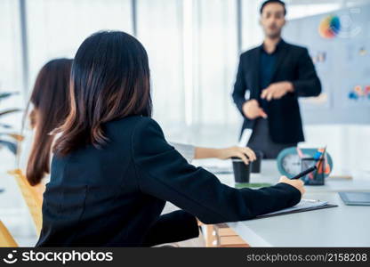 Business people proficiently discuss work project while sitting in circle . Corporate business team collaboration concept .. Business people proficiently discuss work project while sitting in circle