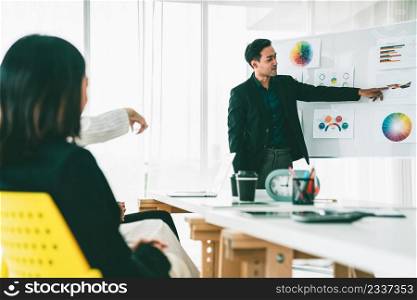 Business people proficiently discuss work project while sitting in circle . Corporate business team collaboration concept .. Business people proficiently discuss work project while sitting in circle