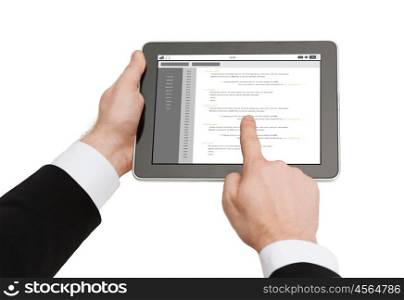 business, people, programming and technology concept - close up of man hands holding tablet pc computer with coding on screen
