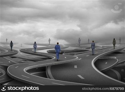 Business people road as businesspeople walking on confused pathways as a corporate symbol for a career path and strategic direction with 3D illustration elements.