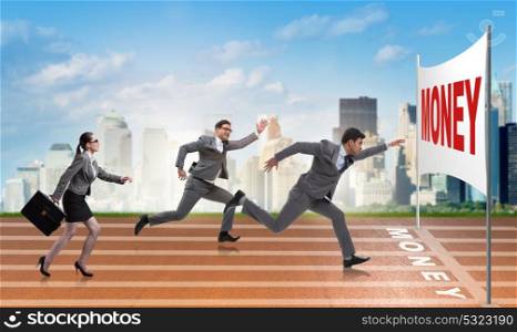 Business people running towards money goal
