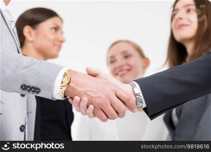 Business people shaking hands, colleagues on background. Business people shaking hand