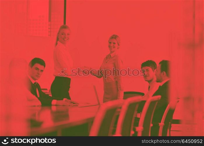business people shaking hands make deal and sign contract in bright modern officeduo tone