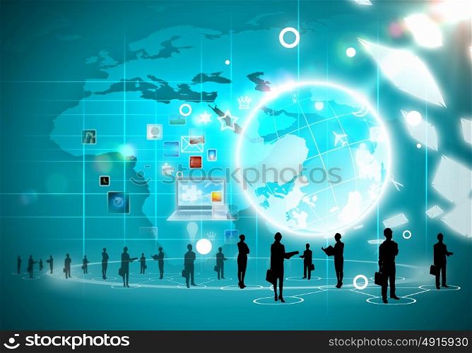 Business people silhouettes. Business people silhouettes against blue media background with icons