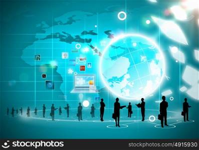 Business people silhouettes. Business people silhouettes against blue media background with icons