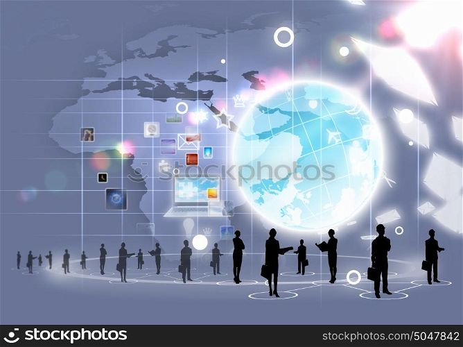 Business people silhouettes. Business people silhouettes against grey media background with icons