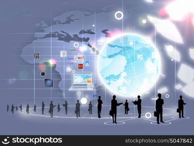 Business people silhouettes. Business people silhouettes against grey media background with icons