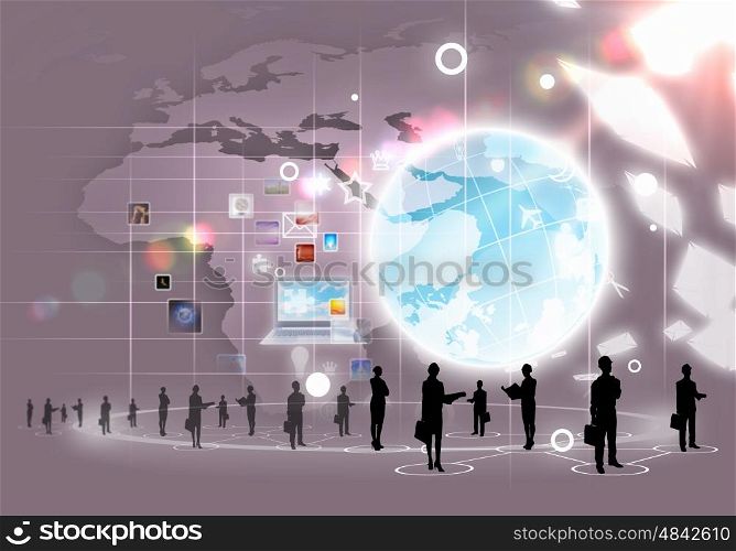 Business people silhouettes. Business people silhouettes against media background with icons