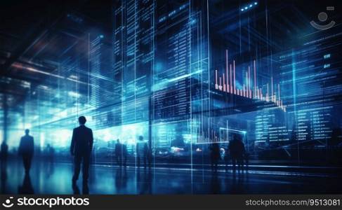 Business people silhouettes in abstract city with glowing forex chart