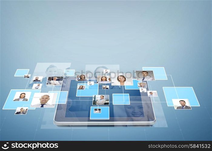 business, people, social network and head hunting concept - pictures of businesspeople over tablet pc computer and blue background