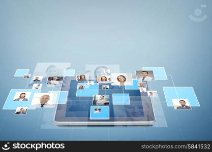 business, people, social network and head hunting concept - pictures of businesspeople over tablet pc computer and blue background