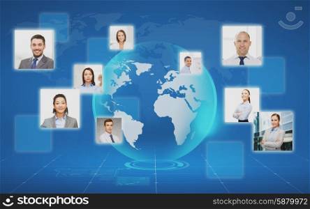 business, people, social network and head hunting concept - pictures of businesspeople over world map and blue background