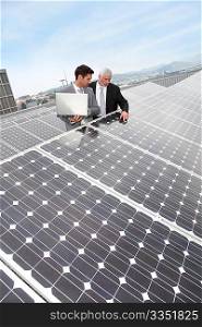 Business people standing by solar panels