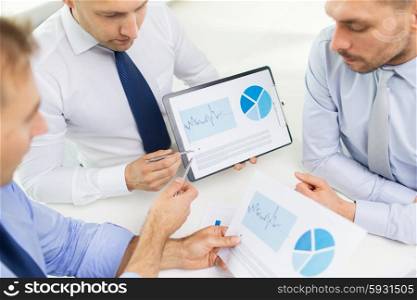 business, people, statistics and teamwork concept - close up of businessman hands with clipboard pointing pen to chart at office