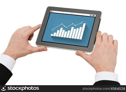 business, people, statistics and technology concept - close up of man hands holding tablet pc computer with graph on screen