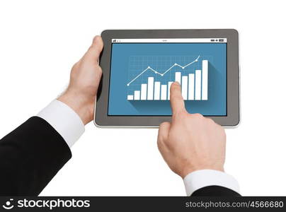 business, people, statistics and technology concept - close up of man hands holding tablet pc computer with graph on screen