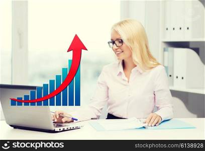 business, people, statistics and technology concept - smiling businesswoman with laptop computer, papers and growing chart sitting in office