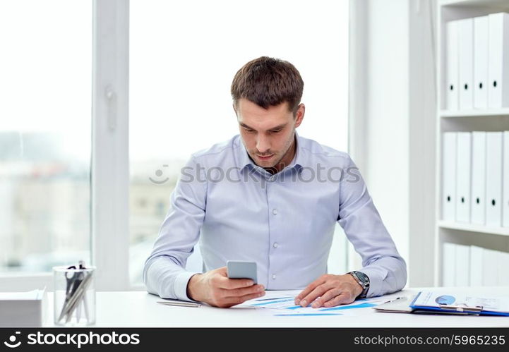 business, people, stress and technology concept - close up of businessman with smartphone