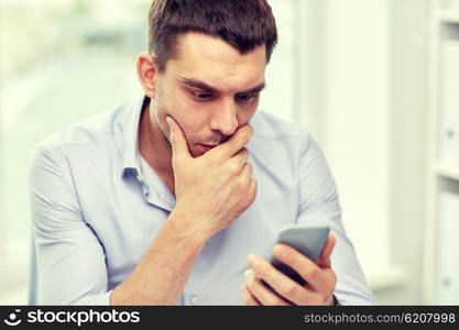 business, people, stress and technology concept - close up of businessman with smartphone