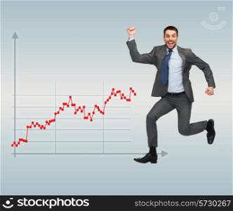 business, people, success and finances concept - happy young businessman running over gray background and forex graph going up