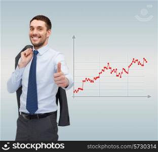 business, people, success and finances concept - smiling young businessman showing thumbs up gesture over gray background and forex graph going up