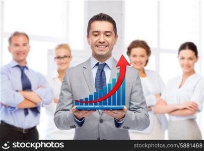 business, people, success and technology concept - happy smiling businessman in suit holding tablet pc computer with virtual graph over group of people and office room background