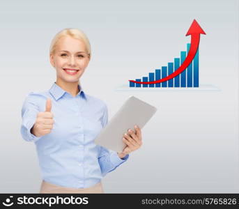 business, people, success , technology and statistics concept - young smiling businesswoman with tablet pc computer showing thumbs up over gray background and growth chart